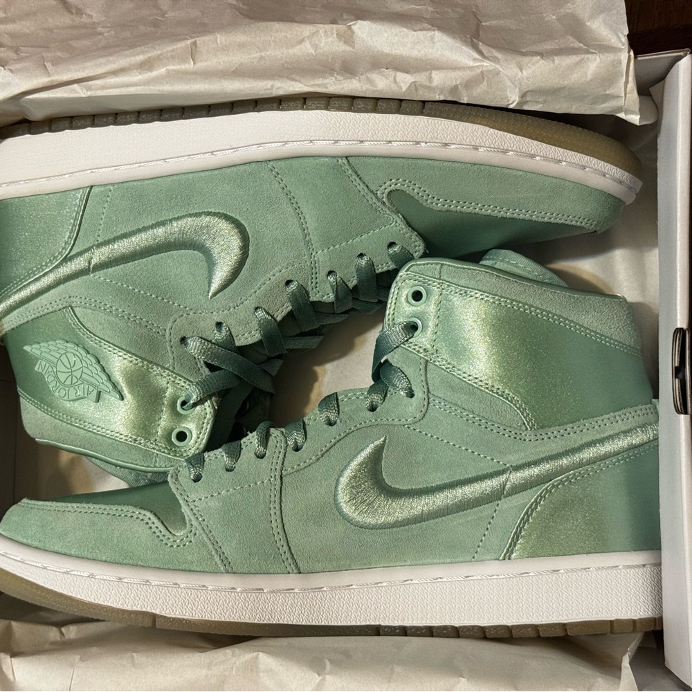 Jordan Metallic Green and White Sneakers